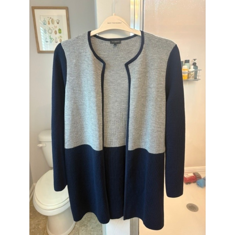 Talbots Women's M Merino Wool Cardigan Sweater Navy Gray Colorblock Open Front